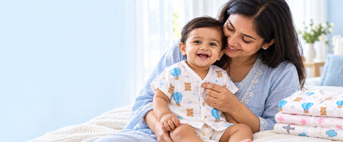 A mother cuddling her baby in Lil’ Shark cotton babywear