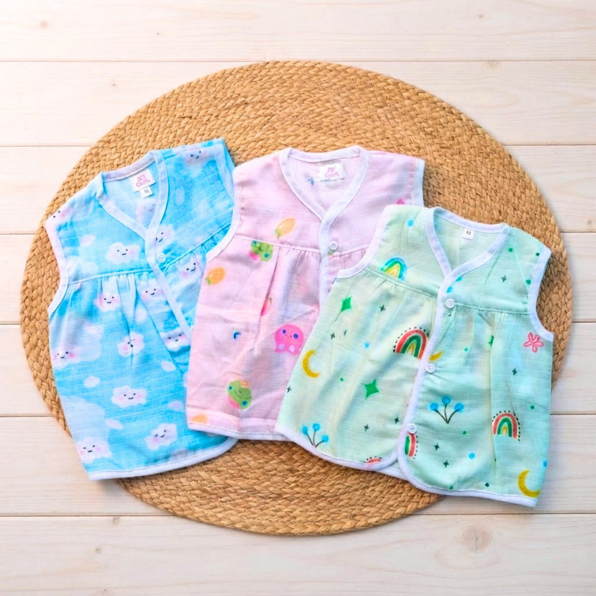 Printed sleeveless muslin frock jhablas for baby girls