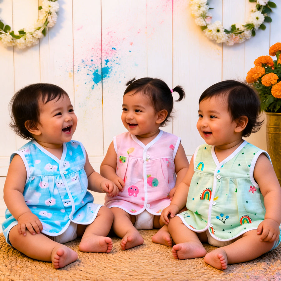 Printed sleeveless muslin frock jhablas for baby girls