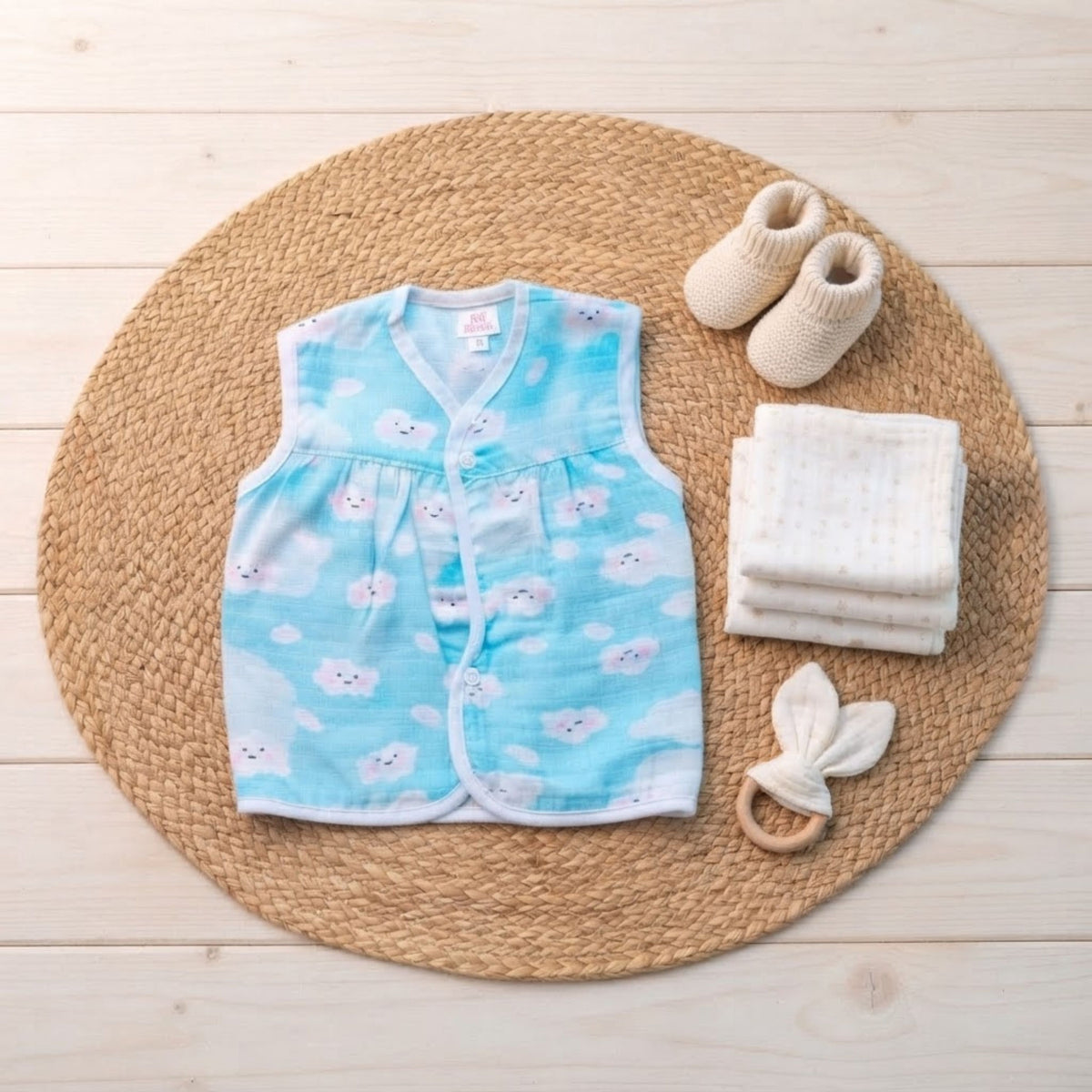 Printed sleeveless muslin frock jhablas for baby girls