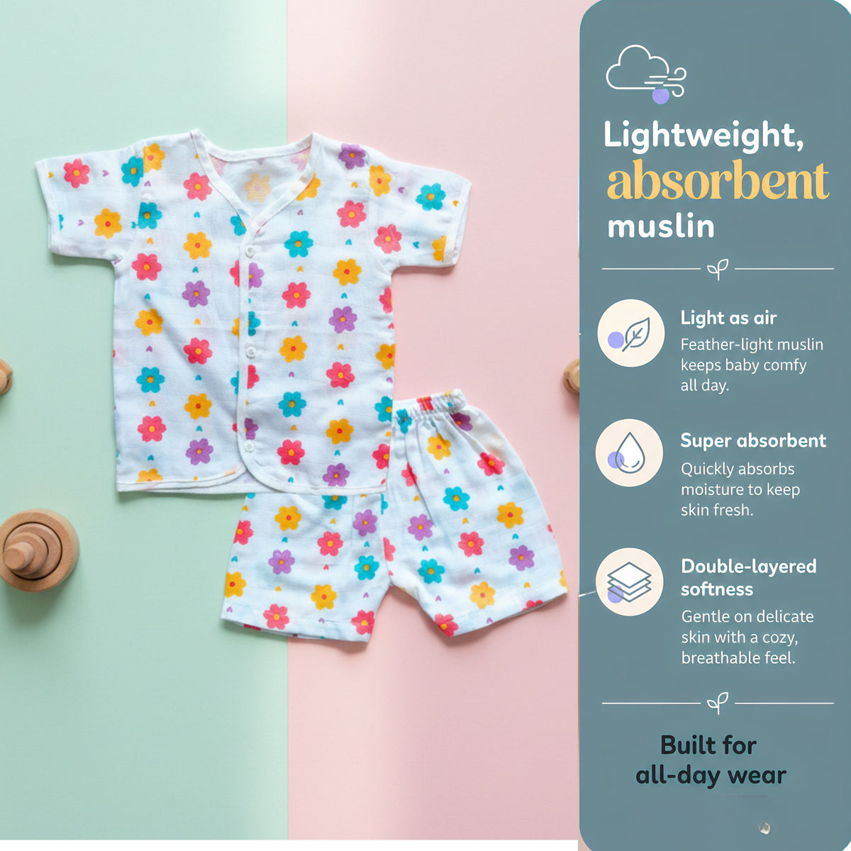 Muslin Front-Open Tops & Shorts – 2 or 4 Outfit Sets — product view
