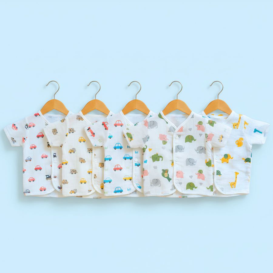 Printed half-sleeve front-open muslin baby jhablas