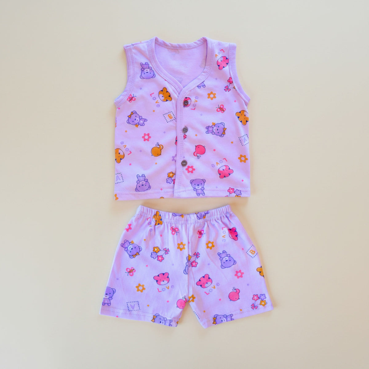 Cotton sleeveless front-open baby vests and shorts with coordinating prints