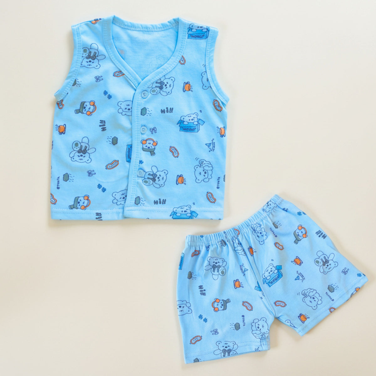 Cotton sleeveless front-open baby vests and shorts with coordinating prints
