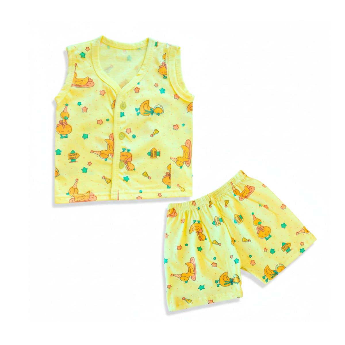 Cotton sleeveless front-open baby vests and shorts with coordinating prints