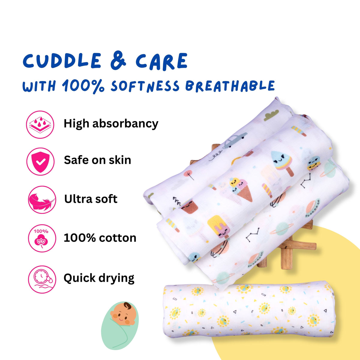 Lil’ Shark cotton muslin swaddle wraps — Pack of 3 product view