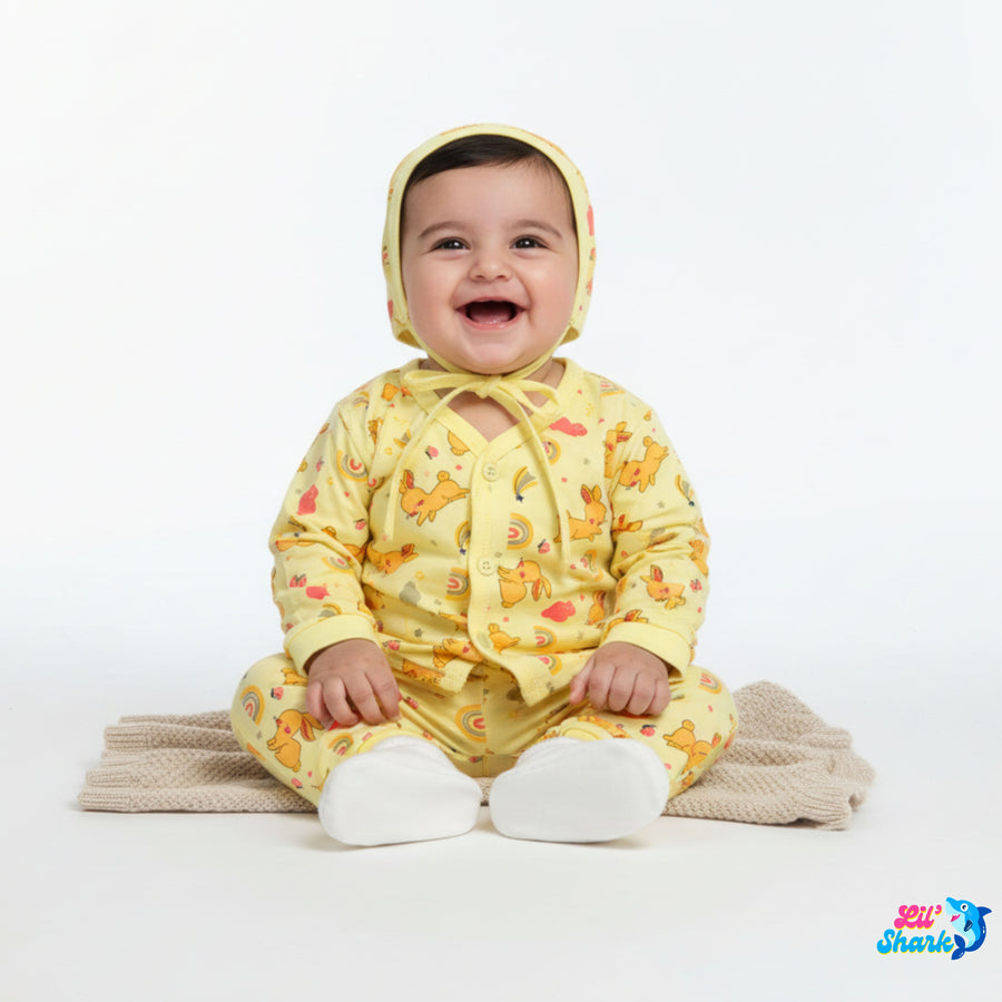 3-Piece Cotton Newborn Set – Jhabla, Pyjama & Cap — product view