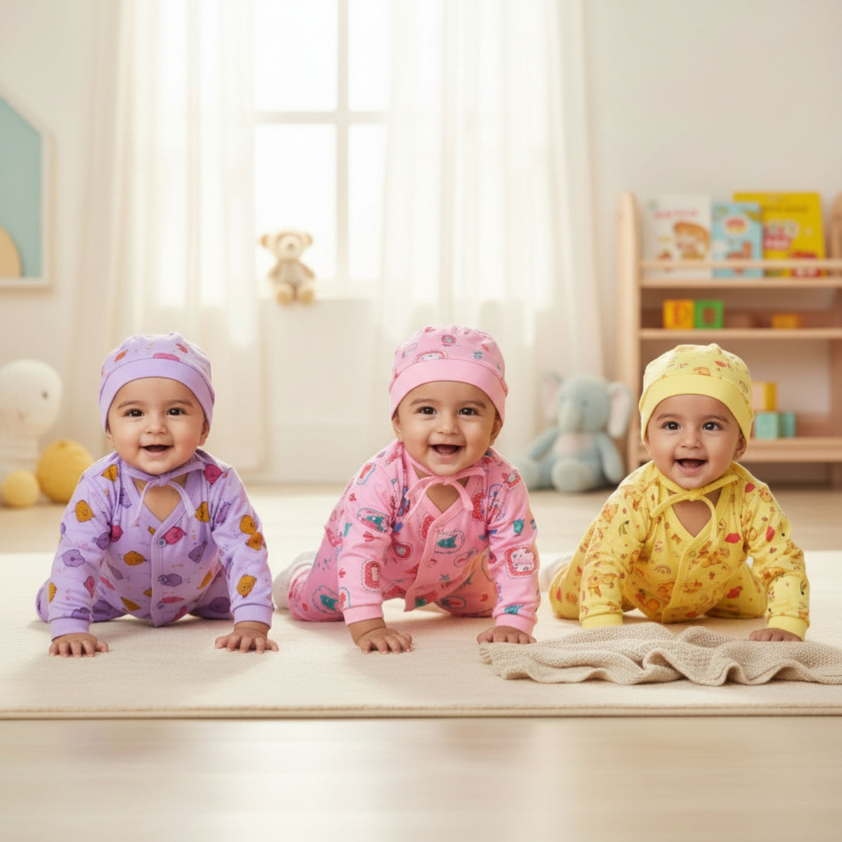3-Piece Cotton Newborn Set – Jhabla, Pyjama & Cap — product view
