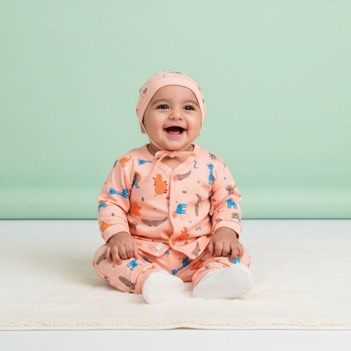 3-Piece Cotton Newborn Set – Jhabla, Pyjama & Cap — product view