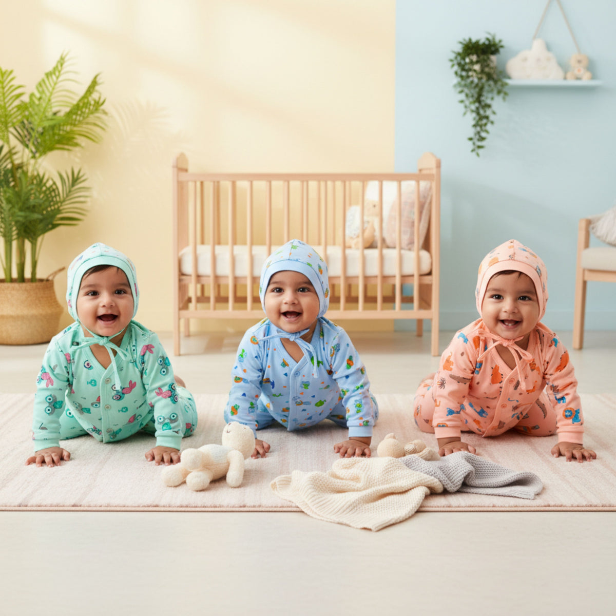 3-Piece Cotton Newborn Set – Jhabla, Pyjama & Cap — product view