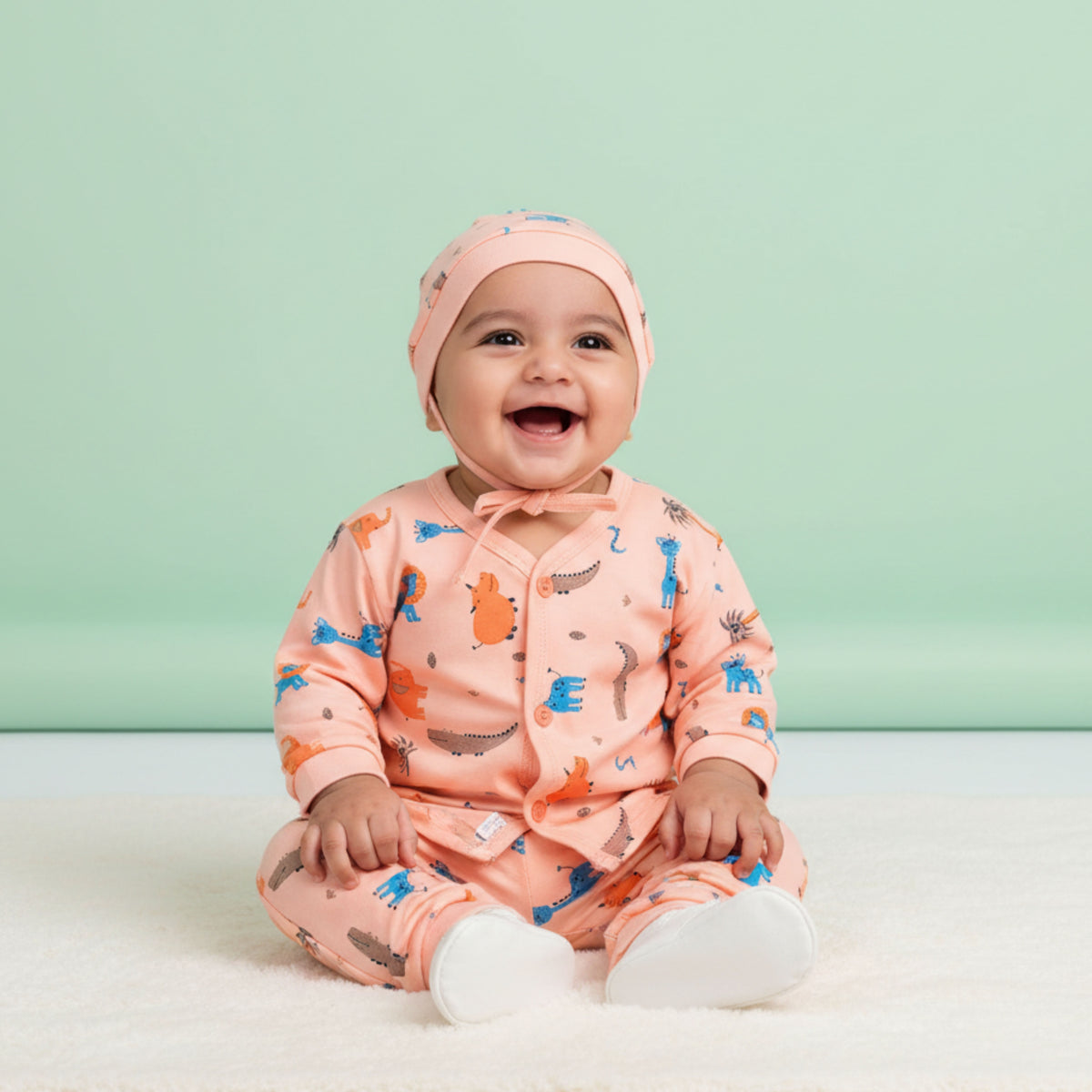 3-Piece Cotton Newborn Set – Jhabla, Pyjama & Cap — product view