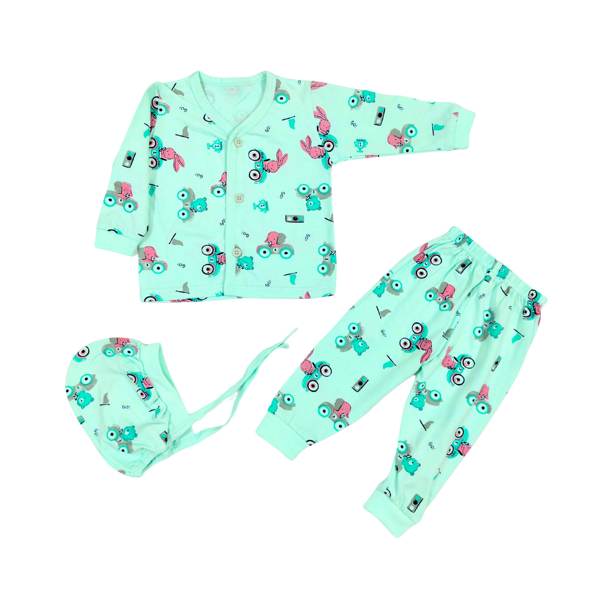 3-Piece Cotton Newborn Set – Jhabla, Pyjama & Cap — product view