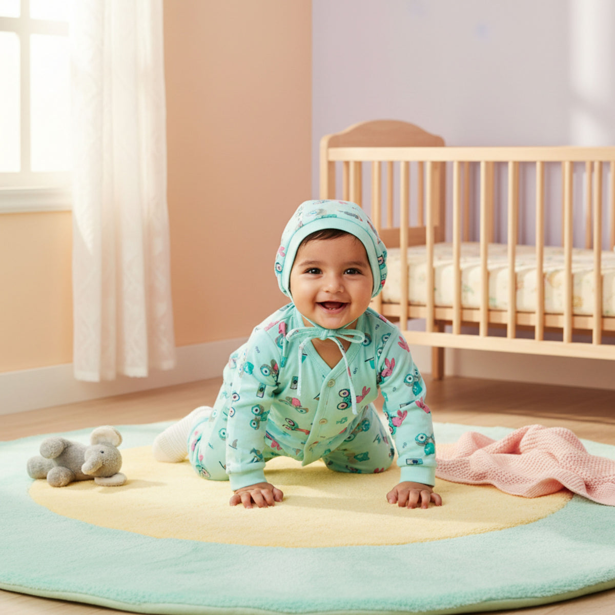3-Piece Cotton Newborn Set – Jhabla, Pyjama & Cap — product view