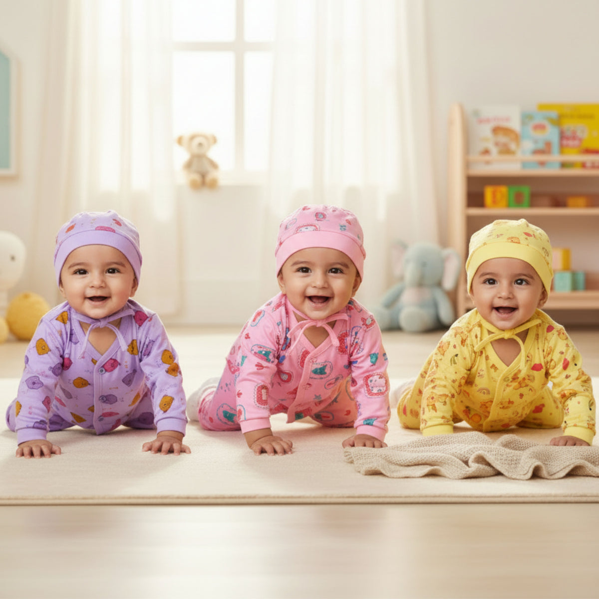 3-Piece Cotton Newborn Set – Jhabla, Pyjama & Cap — product view