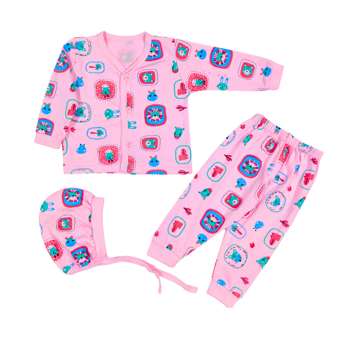 3-Piece Cotton Newborn Set – Jhabla, Pyjama & Cap — product view