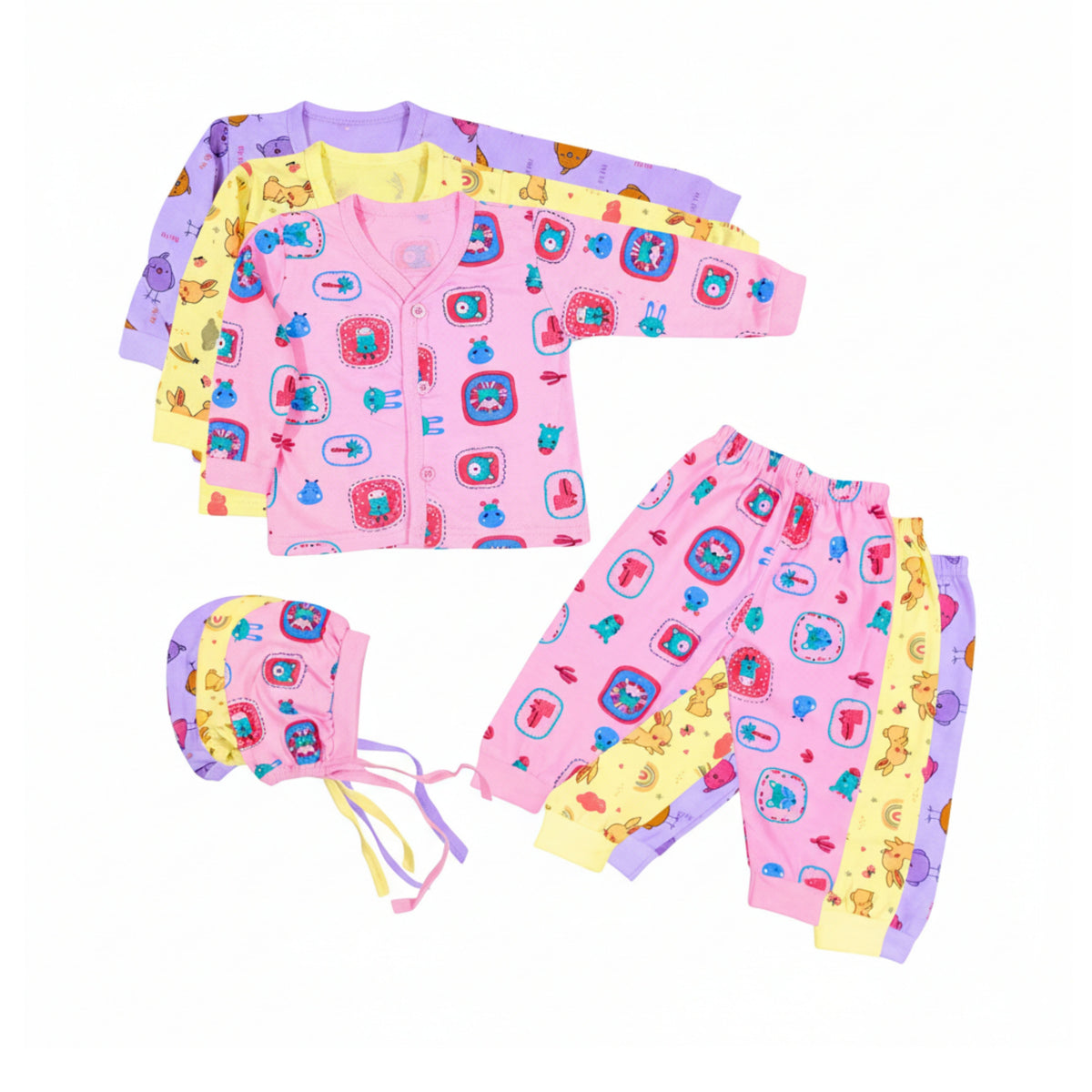 Cotton newborn jhabla, pyjama and cap outfits, pink, purple and yellow colour examples