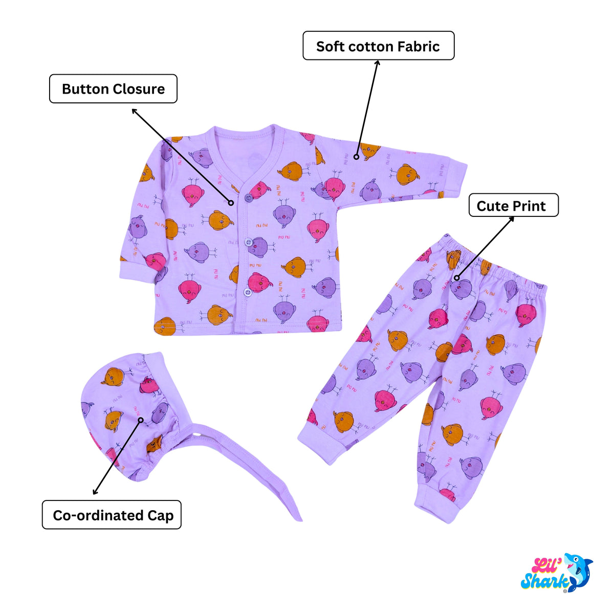 Cotton newborn jhabla, pyjama and cap outfits, purple and other colour examples