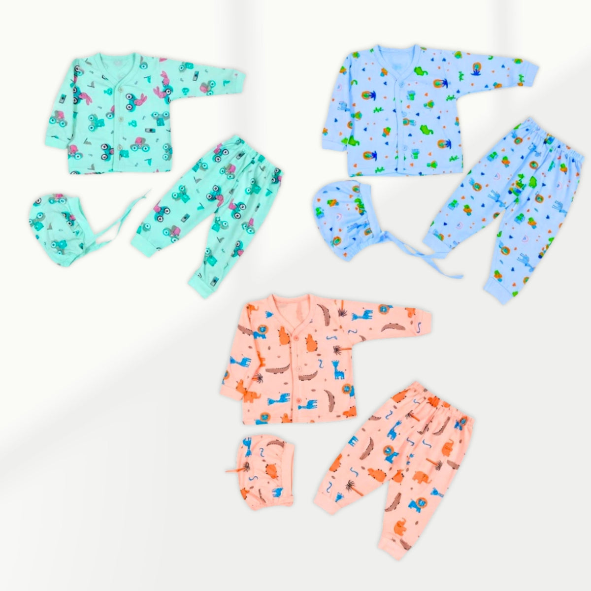 Nine-piece cotton newborn clothing set, teal, coral and blue