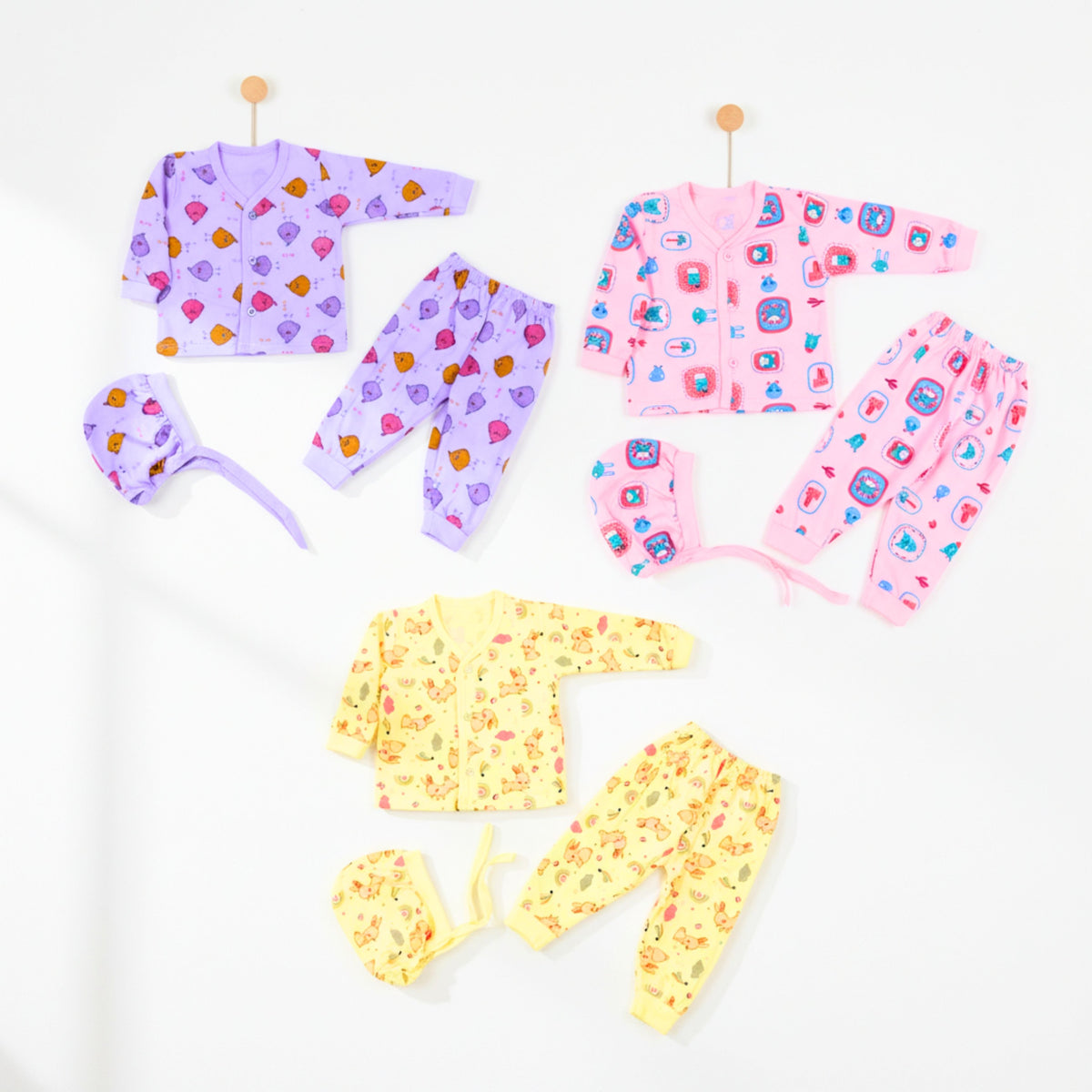 Nine-piece cotton newborn clothing set, purple, yellow and pink