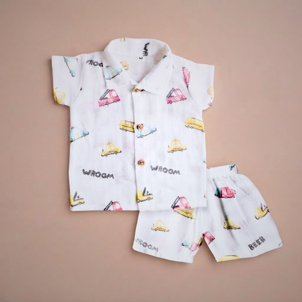 Printed collared muslin baby shirts and shorts with coordinating prints