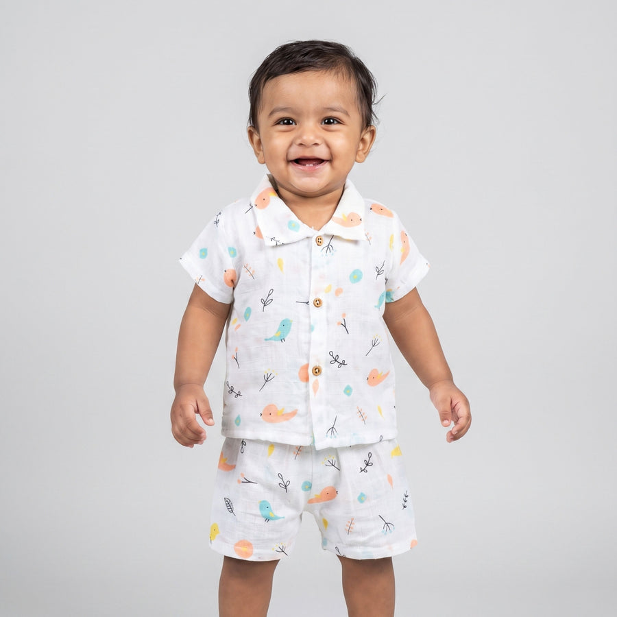 Printed collared muslin baby shirts and shorts with coordinating prints