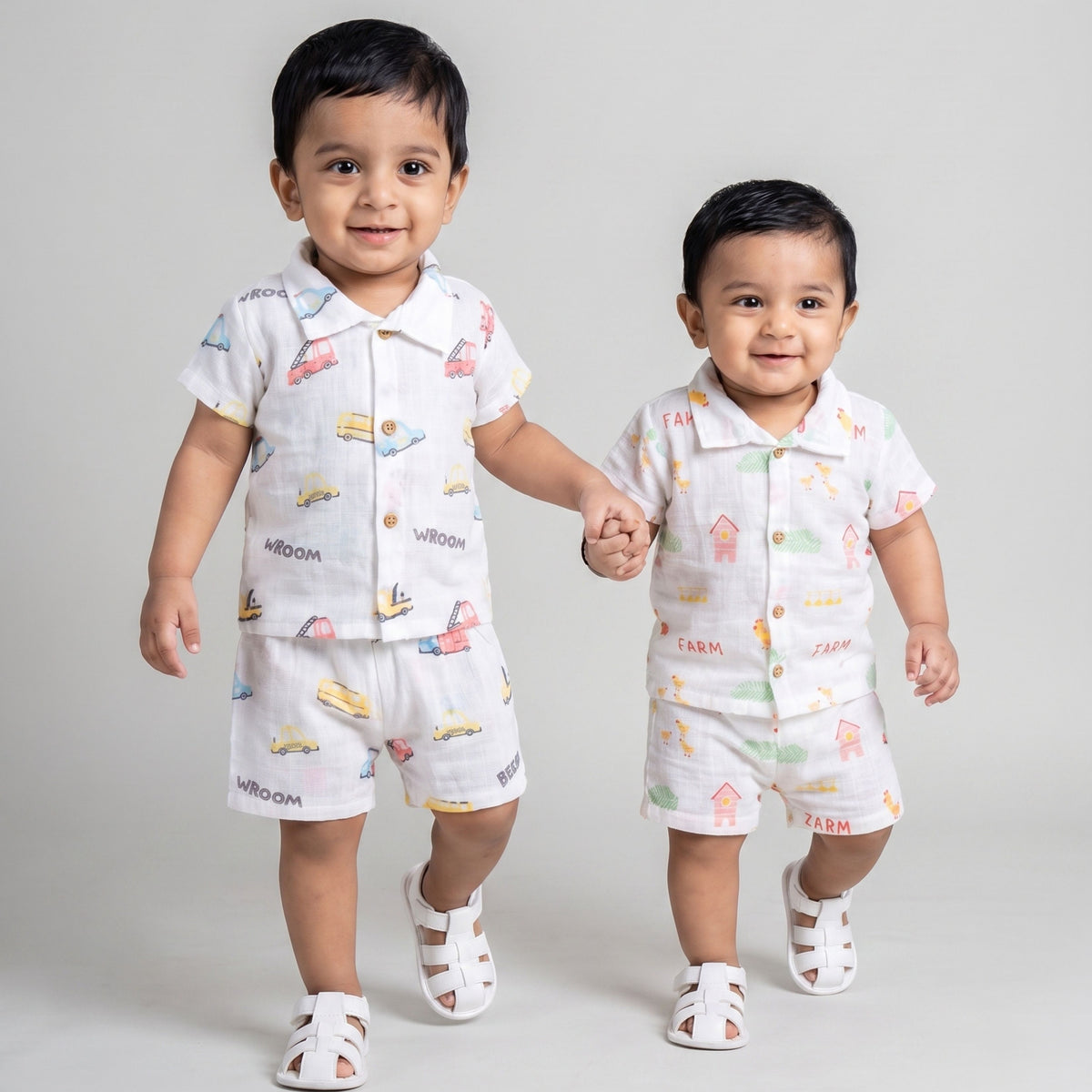 Printed collared muslin baby shirts and shorts with coordinating prints