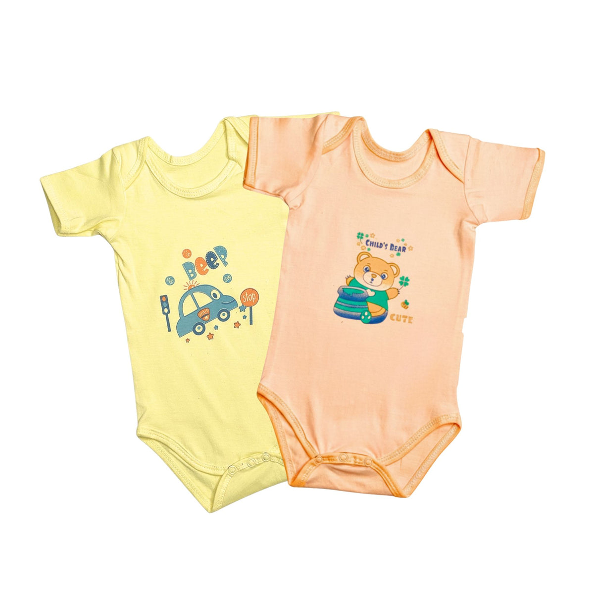 Yellow and peach short-sleeve cotton baby bodysuits with envelope necks