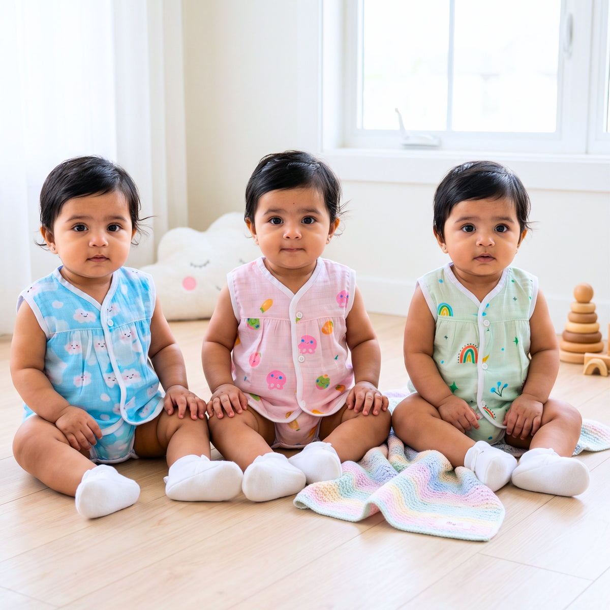 Lil’ Shark – Baby girls wearing printed muslin frock jhablas