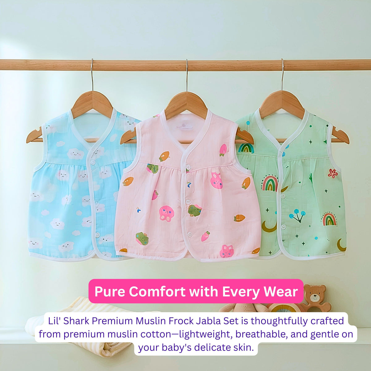 Lil’ Shark – Three printed muslin frock jhablas on hangers