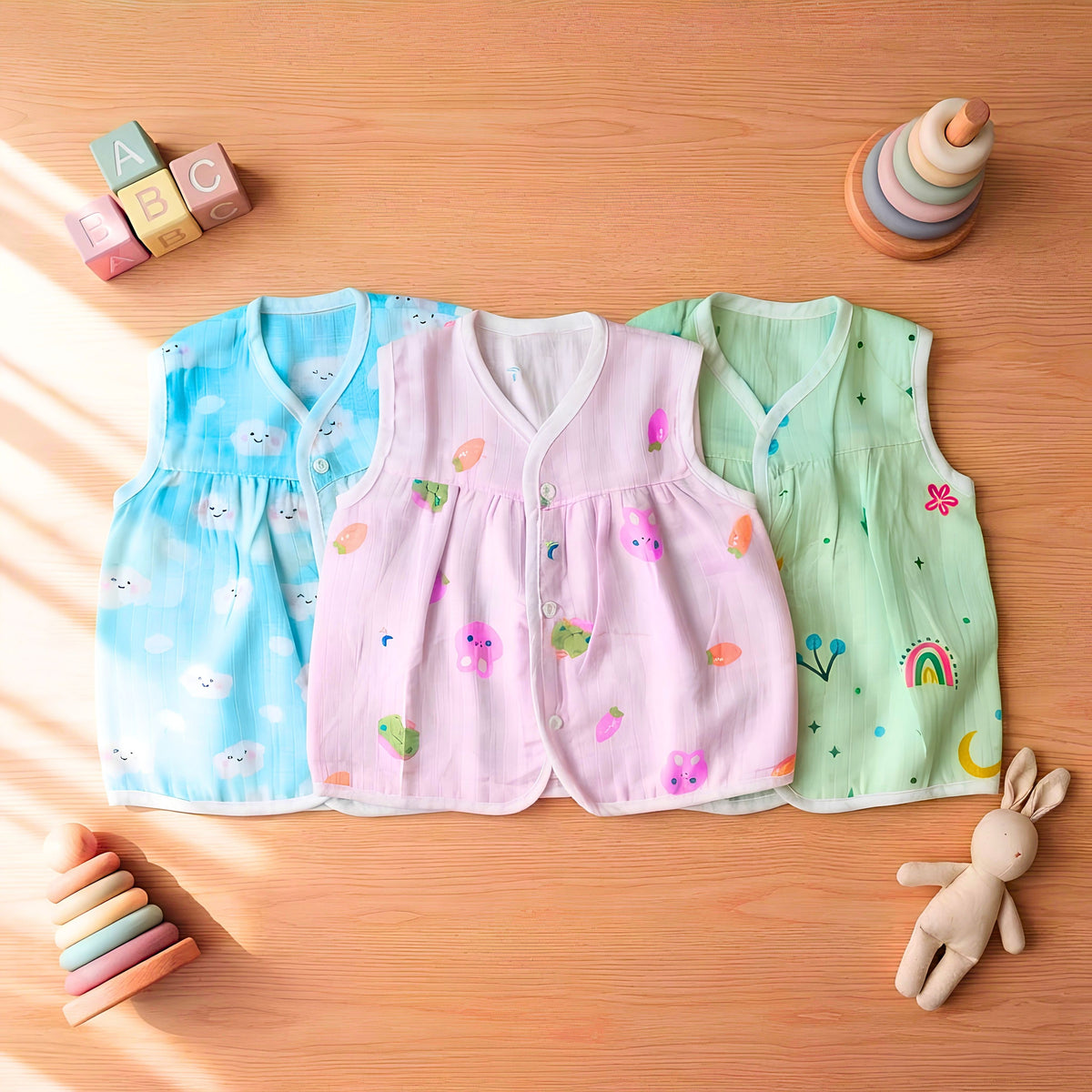 Lil’ Shark – Three-piece muslin frock jhabla pack laid flat