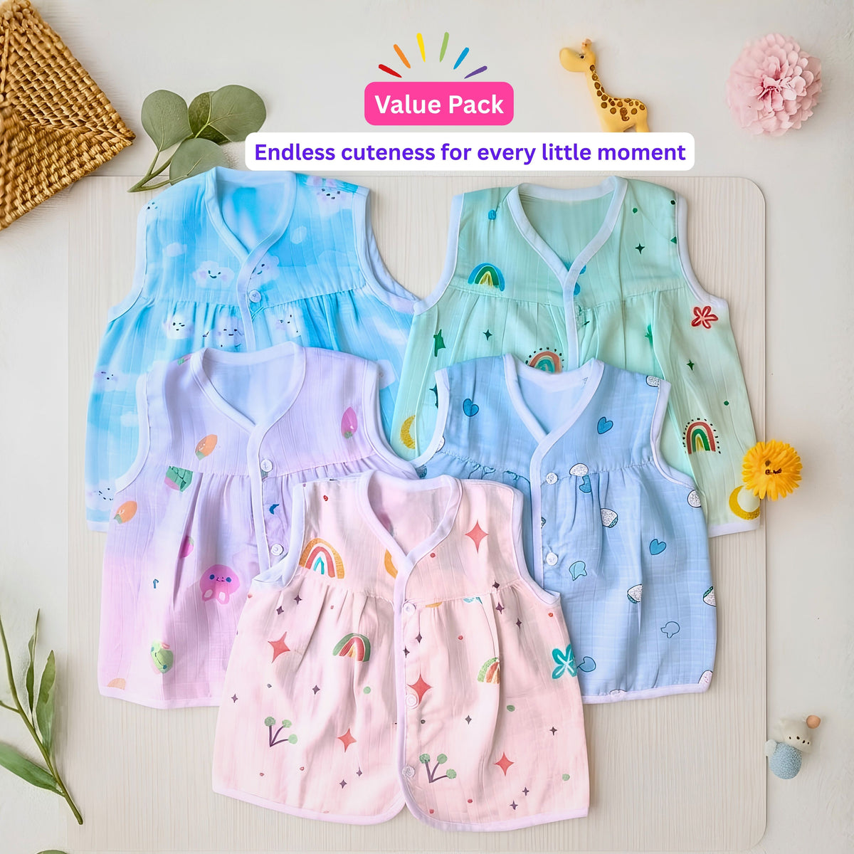 Lil’ Shark – Five assorted muslin frock jhablas in the value pack