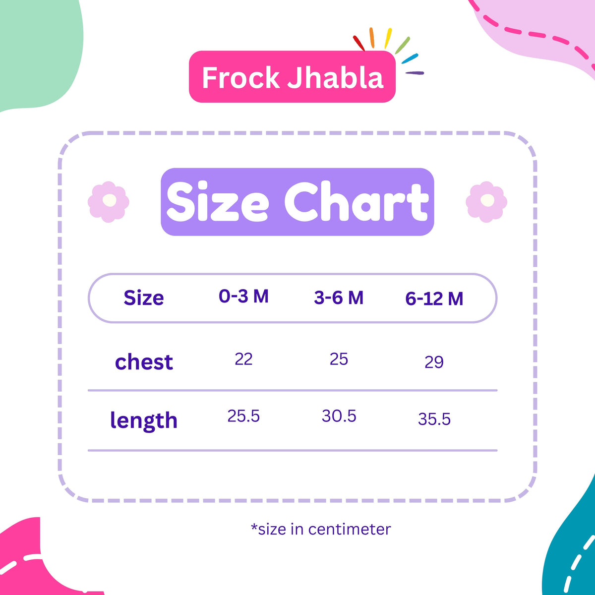 Lil’ Shark frock jhabla size chart for 0–3, 3–6 and 6–12 months