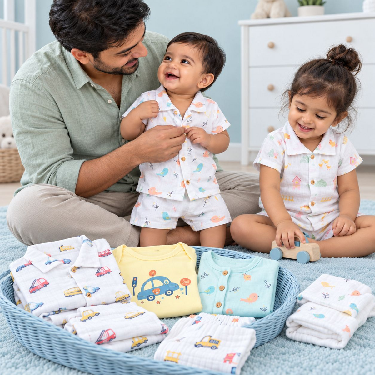 A father with two children wearing Lil’ Shark outfits