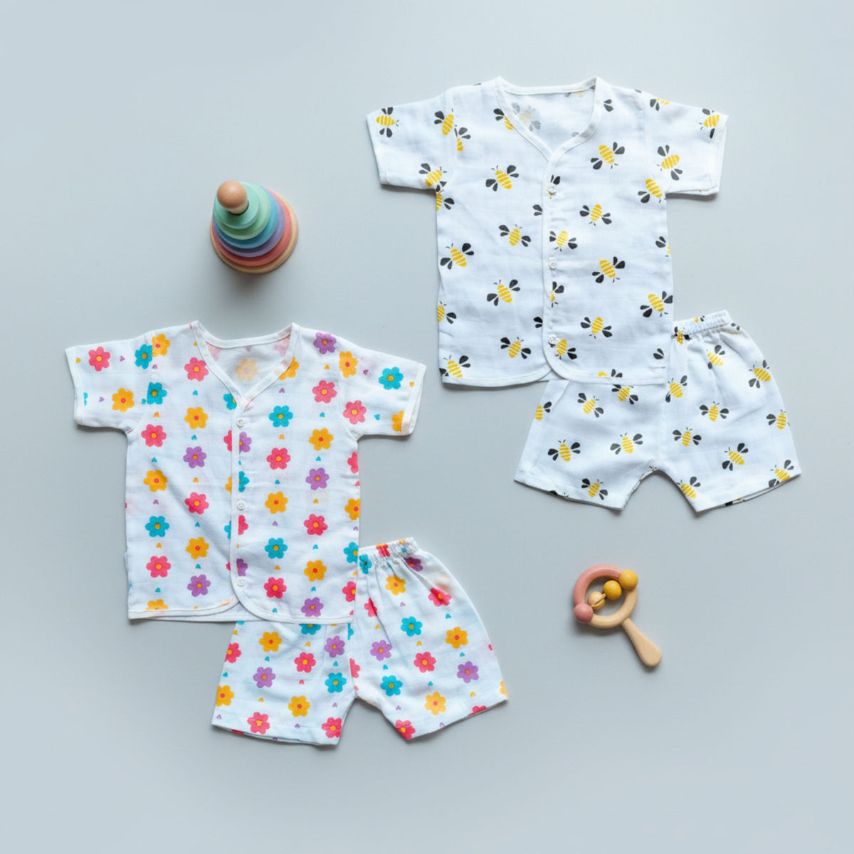 Lil' Shark muslin front-open tops and shorts, combo 2
