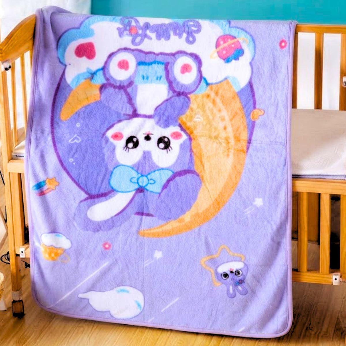 Purple bunny printed flannel baby blanket, 100 by 140 cm