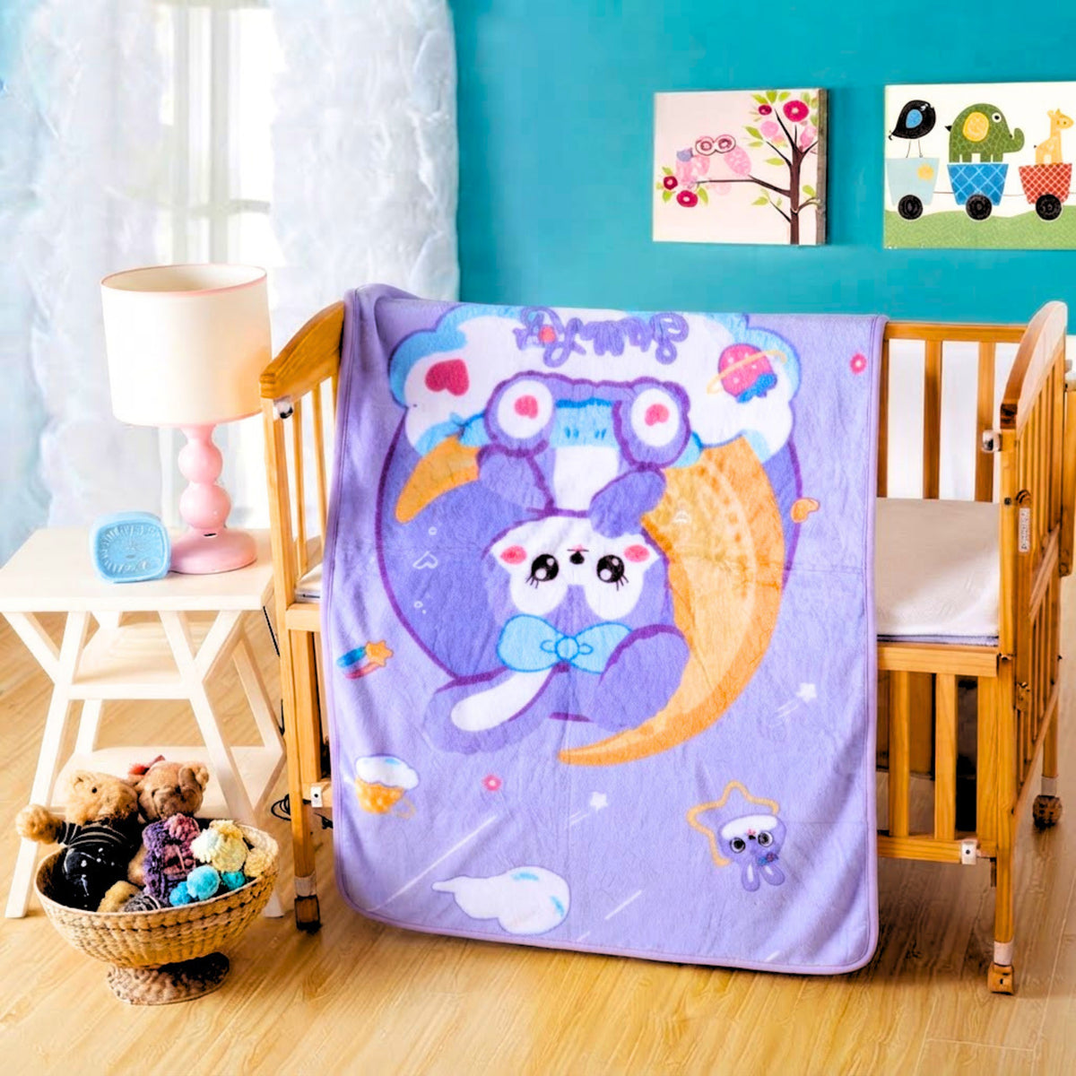 Purple bunny printed flannel baby blanket, 100 by 140 cm