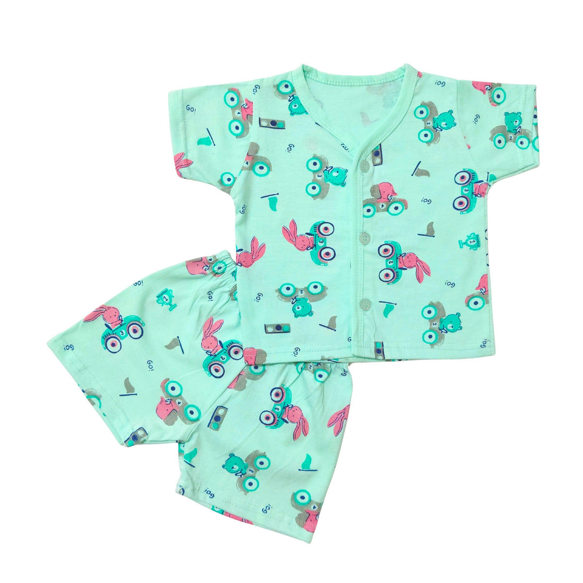 Cotton front-open half-sleeve baby tops and shorts with coordinating prints