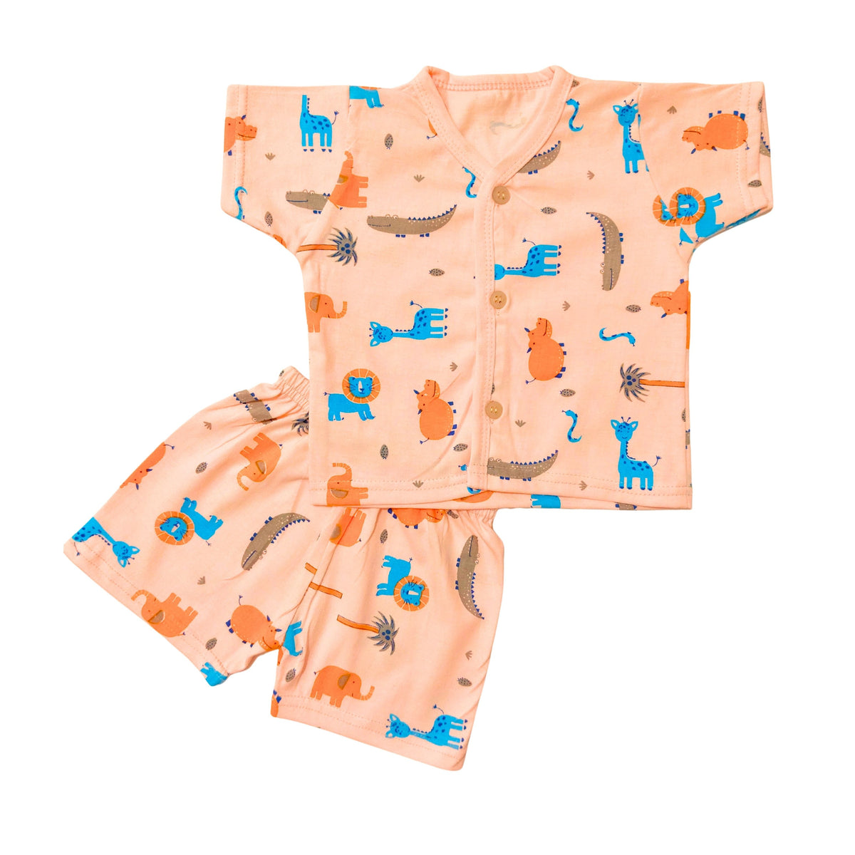 Cotton front-open half-sleeve baby tops and shorts with coordinating prints