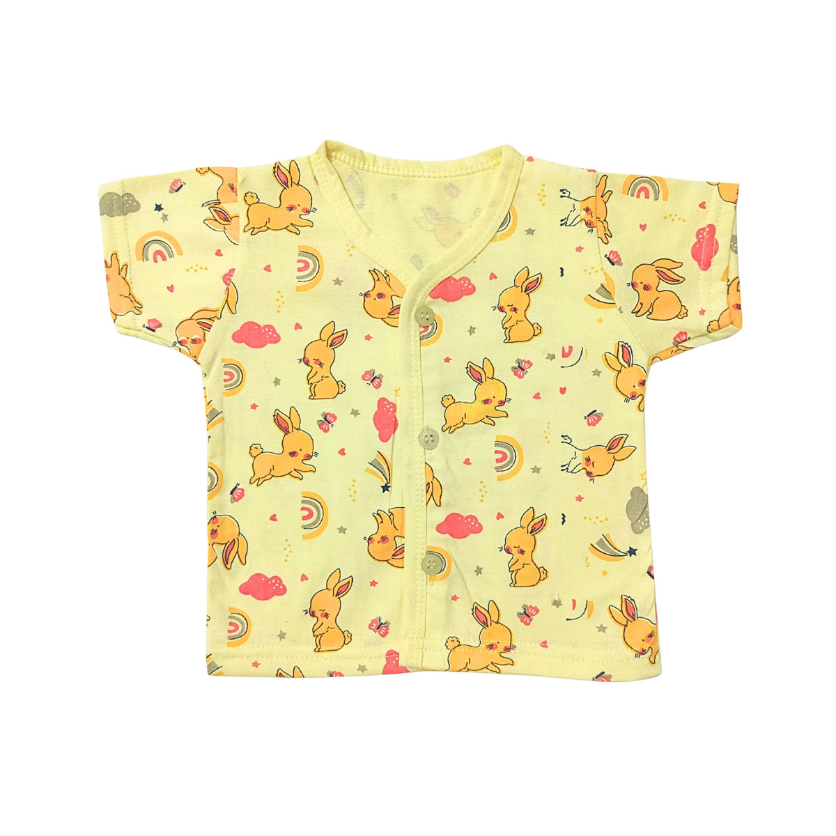 Cotton front-open half-sleeve baby tops and shorts with coordinating prints
