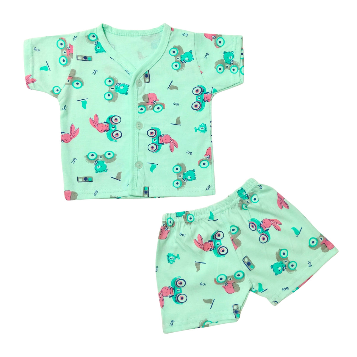 Cotton front-open half-sleeve baby tops and shorts with coordinating prints