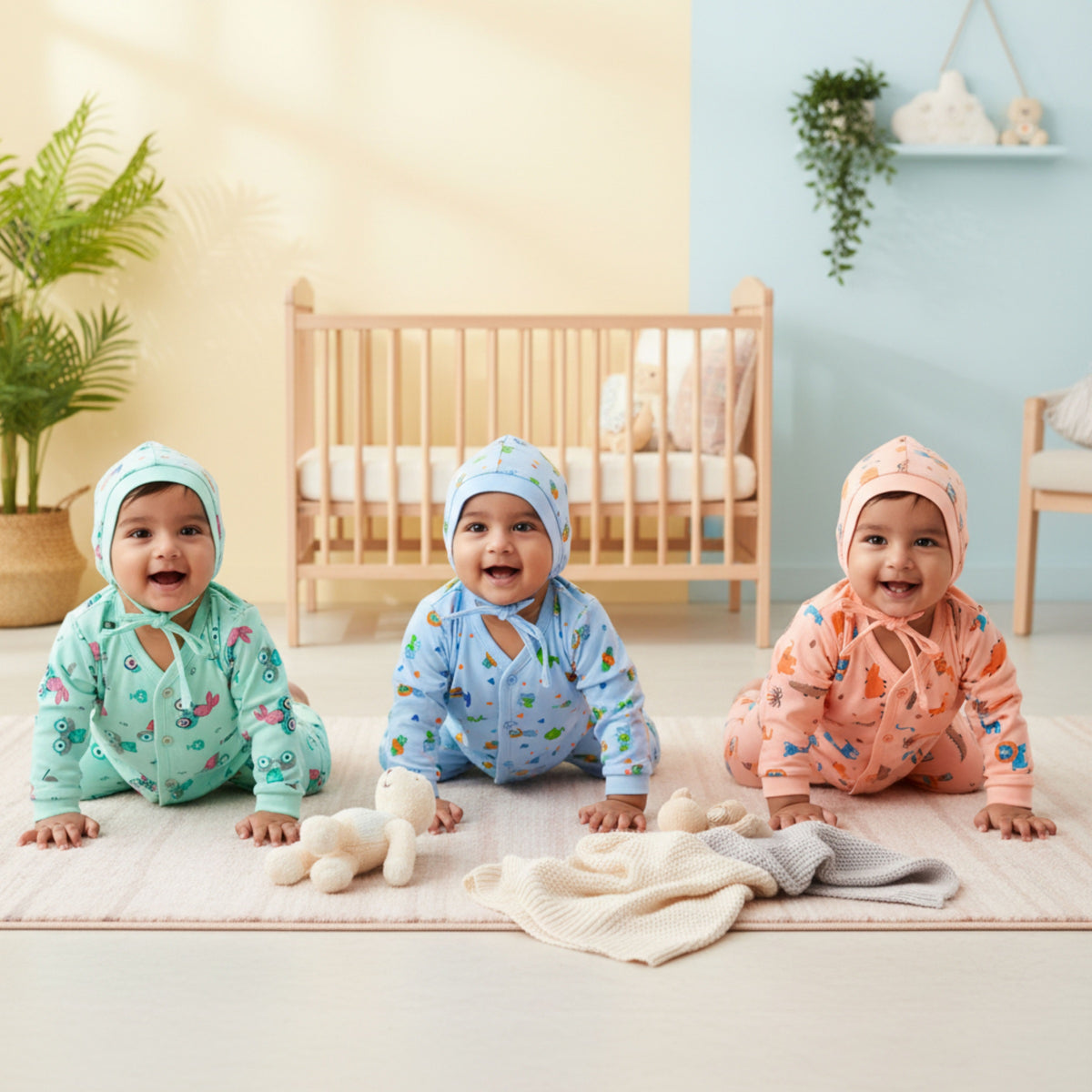 Three babies wearing Lil’ Shark teal, blue and coral cotton newborn outfits with matching caps