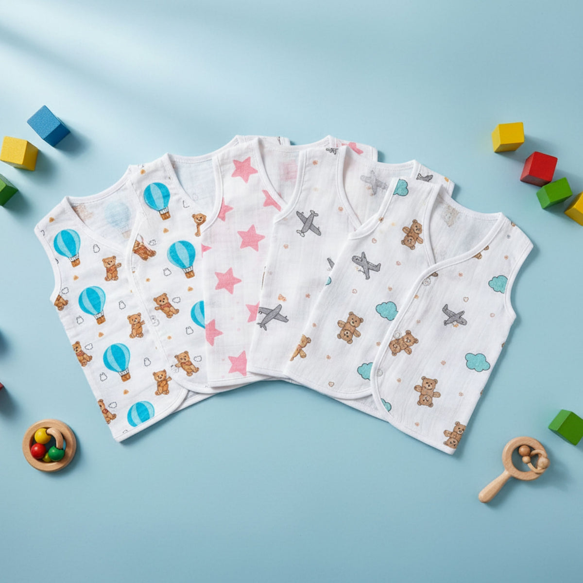 White printed sleeveless muslin jhablas with a button-front opening, pack of four option.