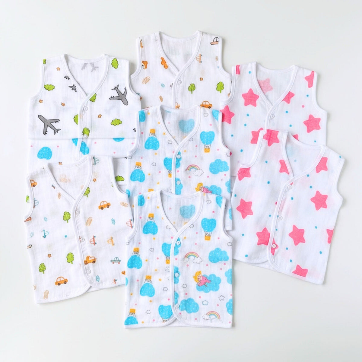 White printed sleeveless muslin jhablas with a button-front opening, pack of six option.