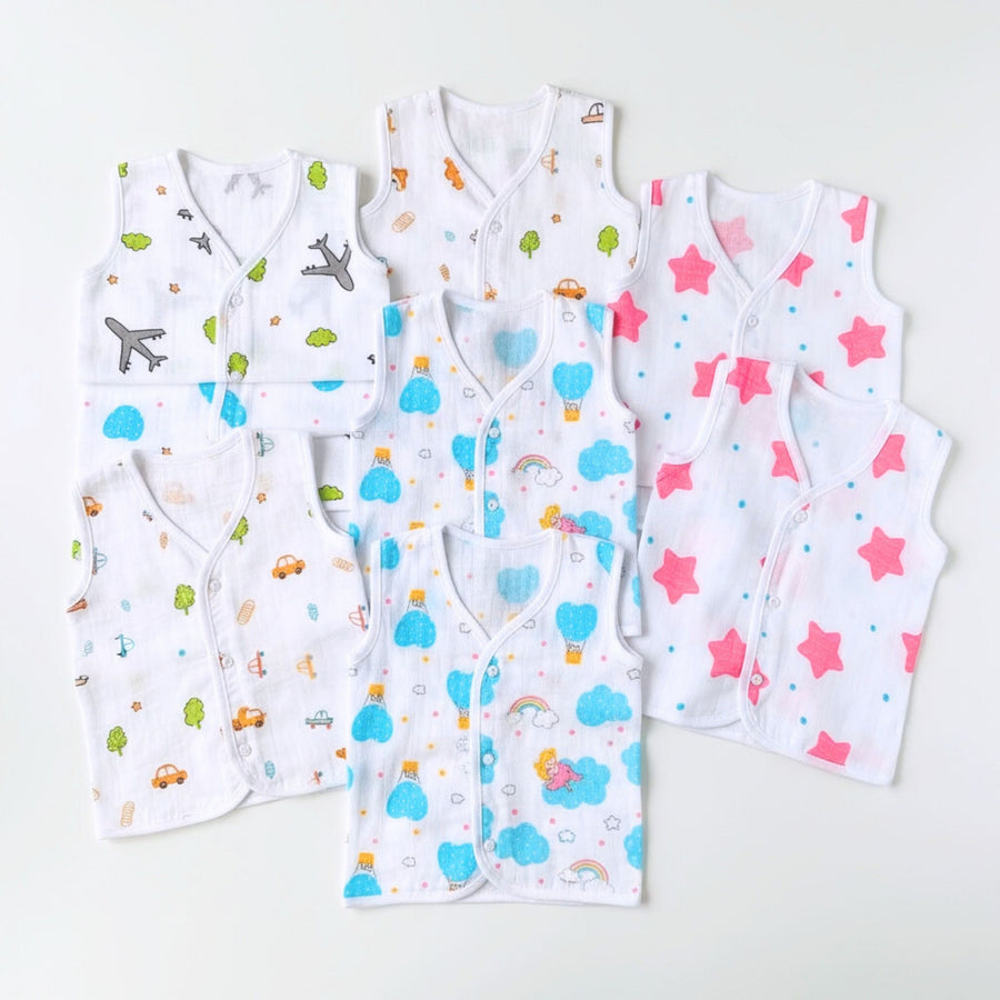 White printed sleeveless muslin jhablas with a button-front opening, pack of six option.
