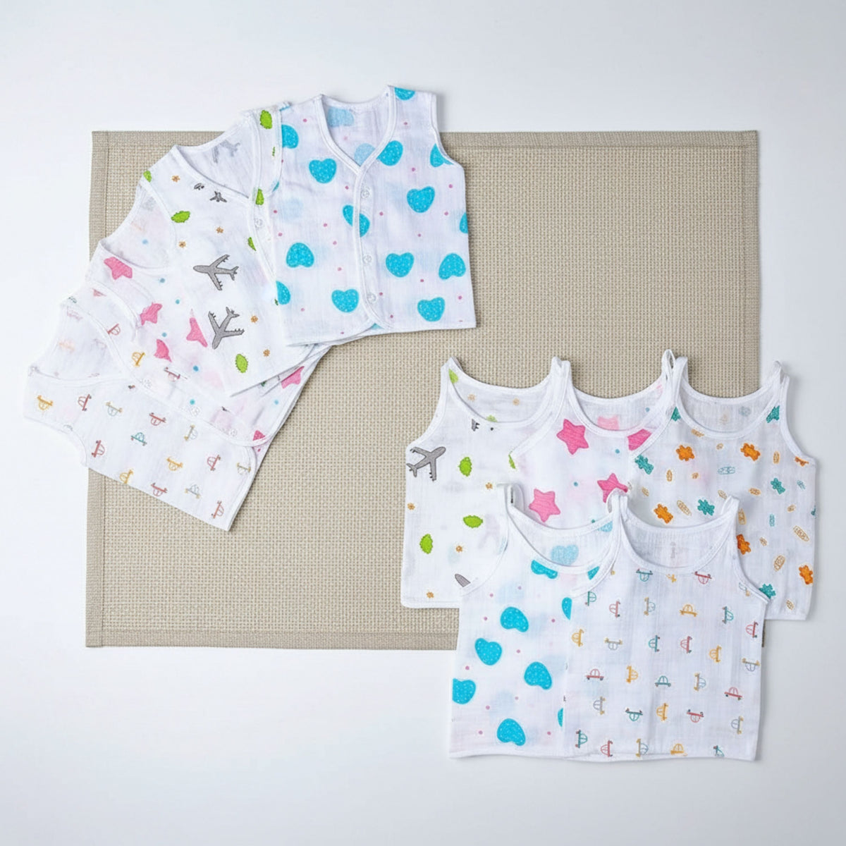 White printed muslin jhablas in button-front and shoulder-tie dori styles, mixed pack of eight option.